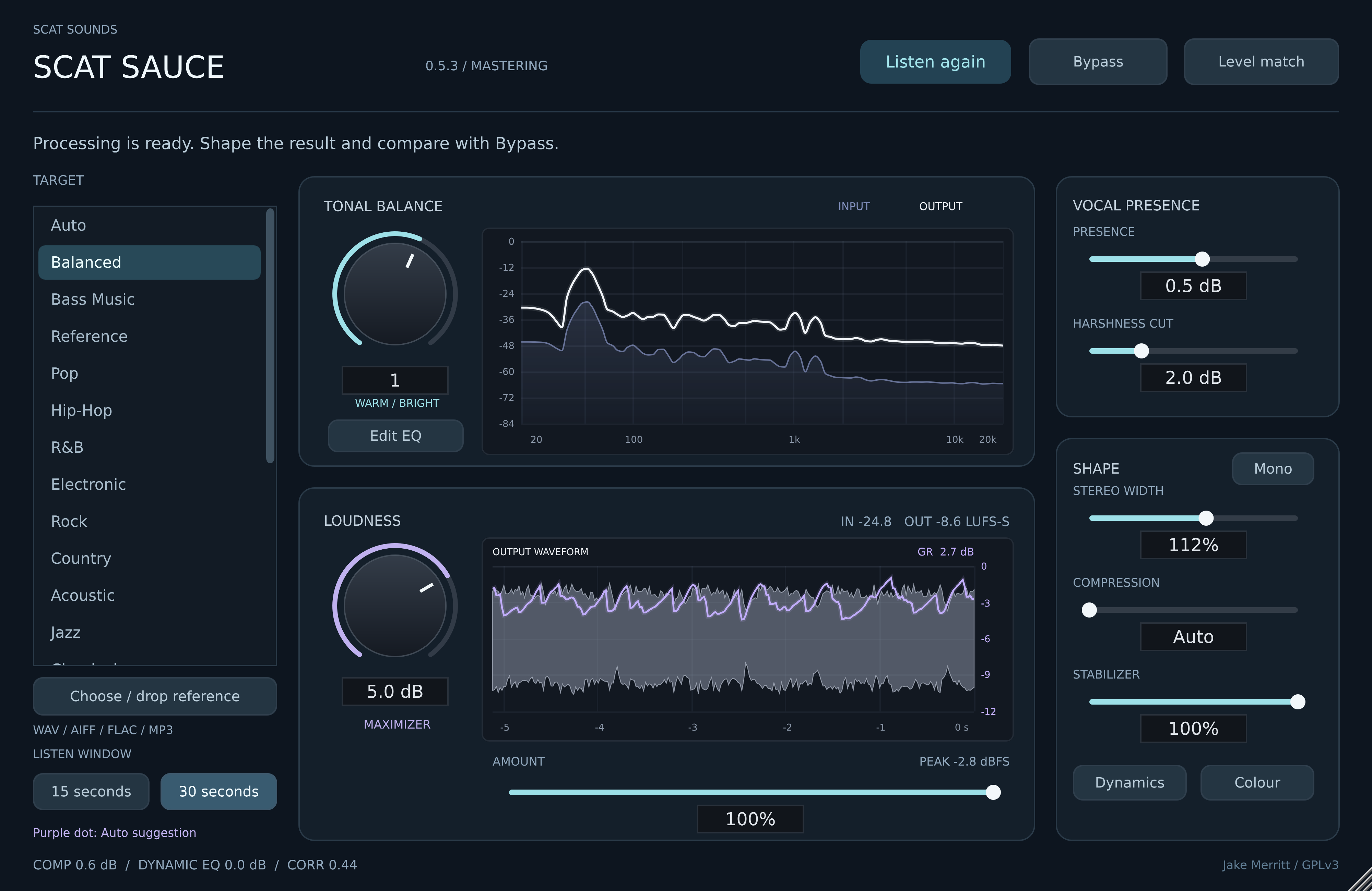 The actual SCAT Sauce mastering plugin interface